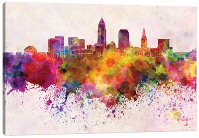 Cleveland Skyline In Watercolor Background Canvas Art Print - Ohio Art