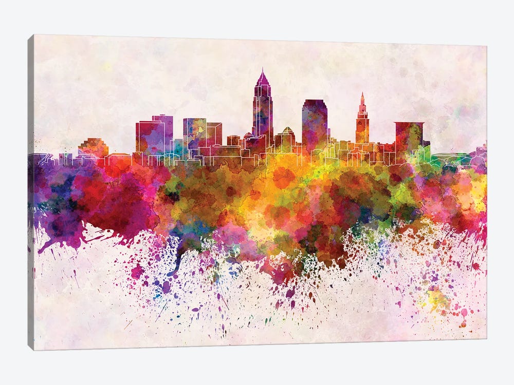 Cleveland Skyline In Watercolor Background by Paul Rommer 1-piece Canvas Art