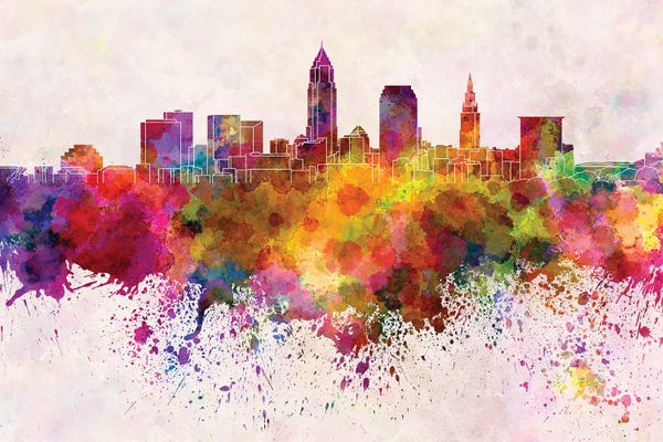 Ohio: Cleveland Skyline In Watercolor Background by Paul Rommer
