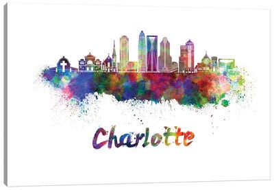 Charlotte Skyline In Watercolor II Canvas Art Print - Charlotte Skylines