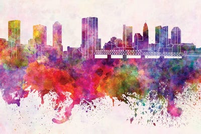 Columbus Skyline In Watercolor Background by Paul Rommer framed canvas print