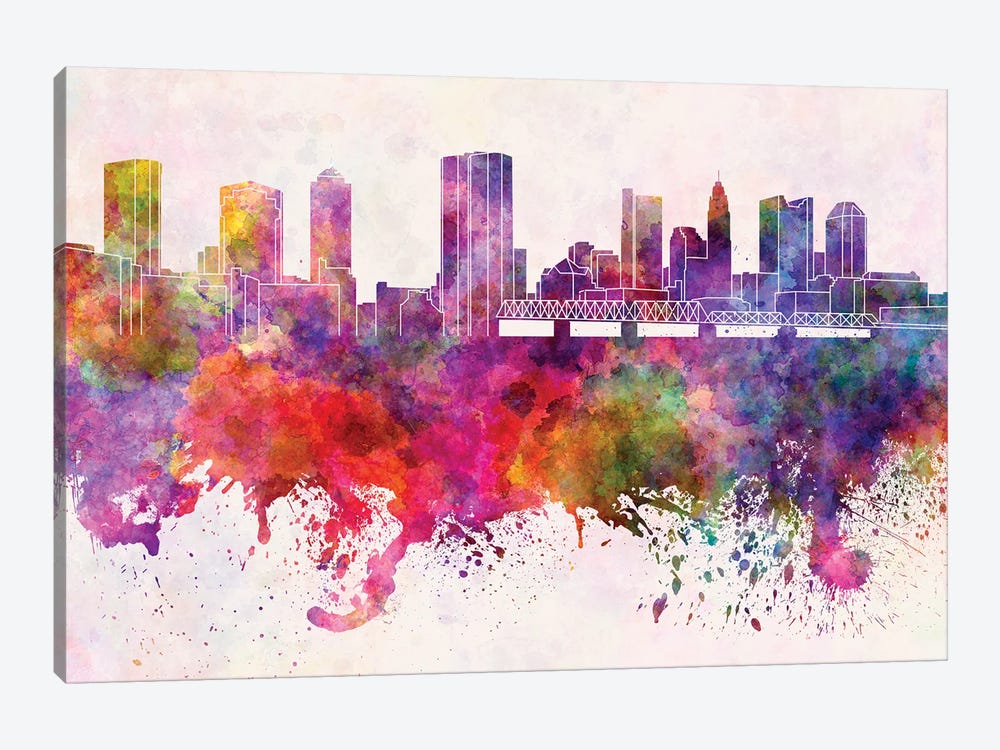 Columbus Skyline In Watercolor Background by Paul Rommer 1-piece Canvas Wall Art