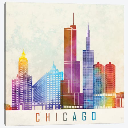 Chicago Landmarks Watercolor Poster Canvas Print #PUR137} by Paul Rommer Canvas Print
