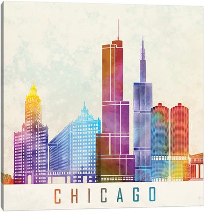 Chicago Landmarks Watercolor Poster Canvas Art Print - Chicago Skylines