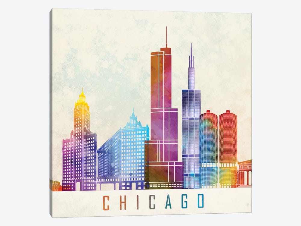 Chicago Landmarks Watercolor Poster by Paul Rommer 1-piece Canvas Wall Art
