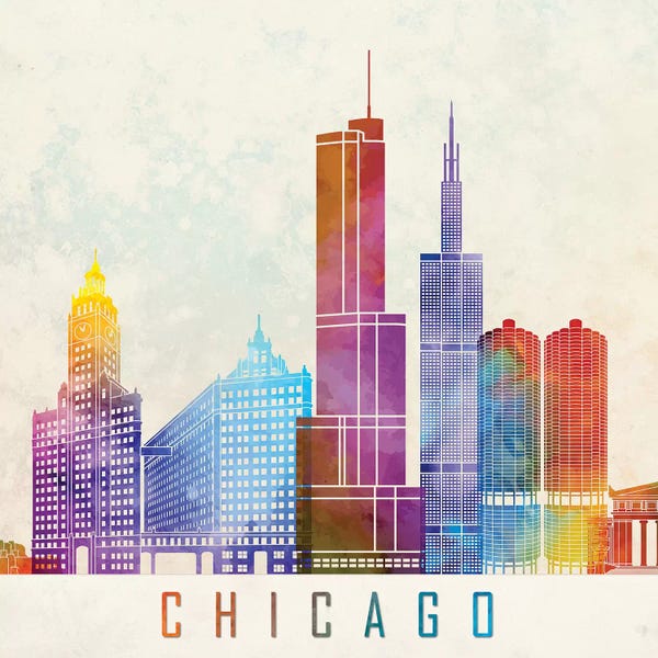 Chicago Skylines: Chicago Landmarks Watercolor Poster by Paul Rommer