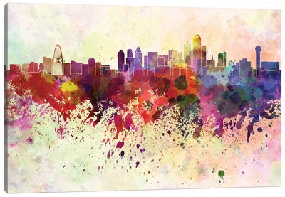 Dallas Skyline In Watercolor Background Canvas Art Print - Dallas Skylines