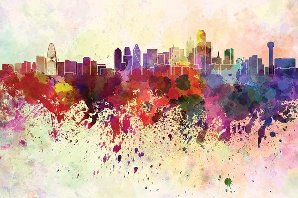 Paul Rommer: Dallas Skyline In Watercolor Background by Paul Rommer
