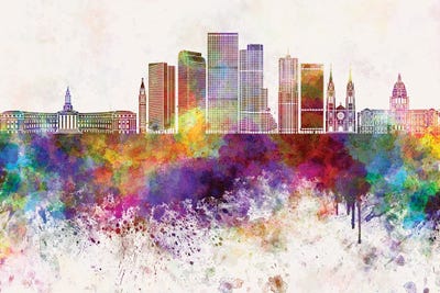 Denver II Skyline In Watercolor Background by Paul Rommer art print