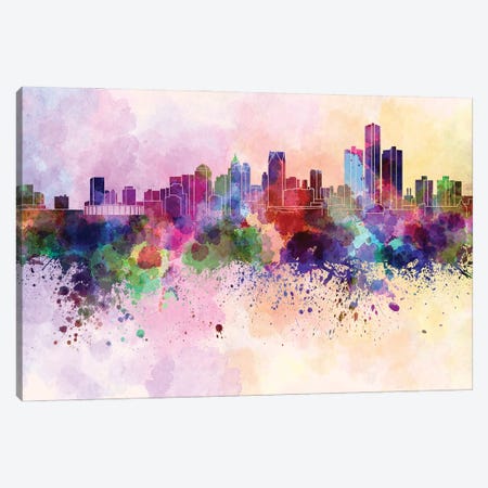 Detroit Skyline In Watercolor Background Canvas Print #PUR1390} by Paul Rommer Canvas Artwork