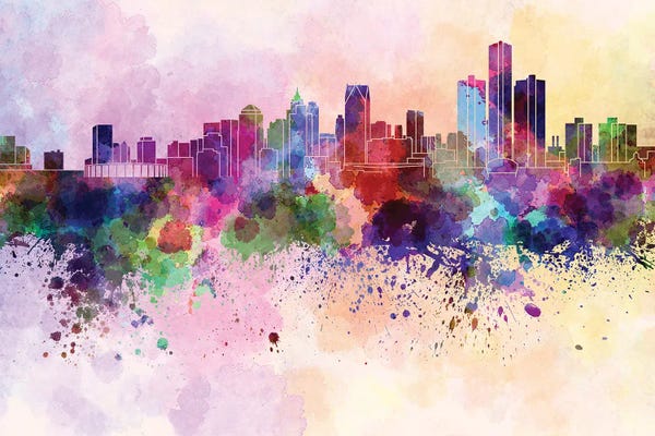 Michigan: Detroit Skyline In Watercolor Background by Paul Rommer