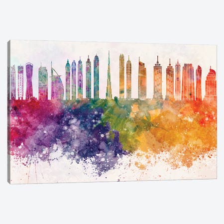 Dubai II Skyline In Watercolor Background Canvas Print #PUR1398} by Paul Rommer Canvas Wall Art
