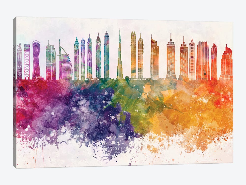 Dubai II Skyline In Watercolor Background by Paul Rommer 1-piece Canvas Art Print