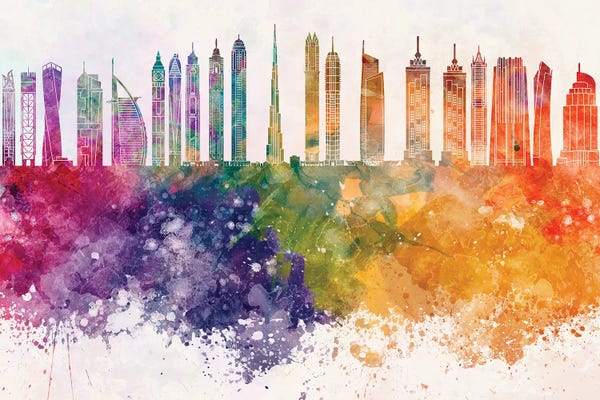 Paul Rommer: Dubai II Skyline In Watercolor Background by Paul Rommer