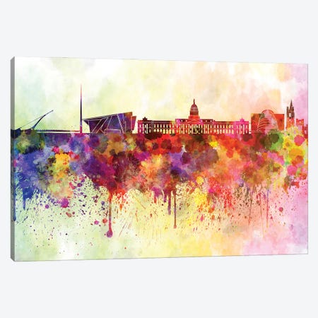 Dublin Skyline In Watercolor Background Canvas Print #PUR1399} by Paul Rommer Canvas Art