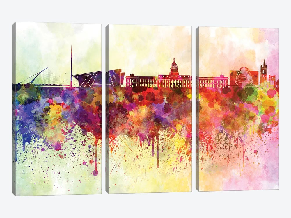 Dublin Skyline In Watercolor Background by Paul Rommer 3-piece Canvas Artwork