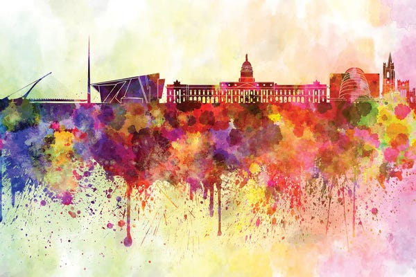 Dublin: Dublin Skyline In Watercolor Background by Paul Rommer