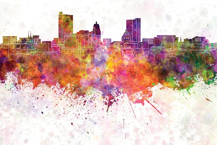 Fort Wayne Skyline In Watercolor Background