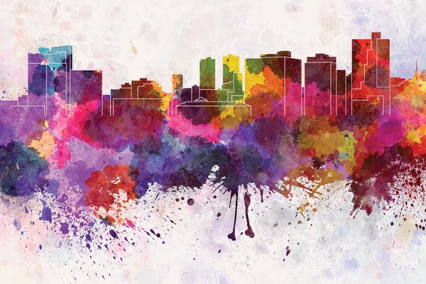 Canvas Print: Fort Worth Skyline In Watercolor Background by Paul Rommer