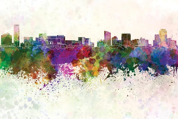 Michigan: Grand Rapids Skyline In Watercolor Background by Paul Rommer