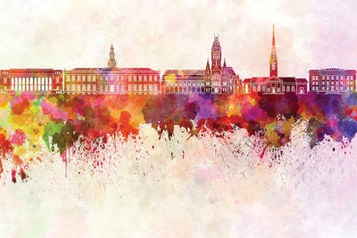 Harvard Skyline In Watercolor Background by Paul Rommer framed canvas print