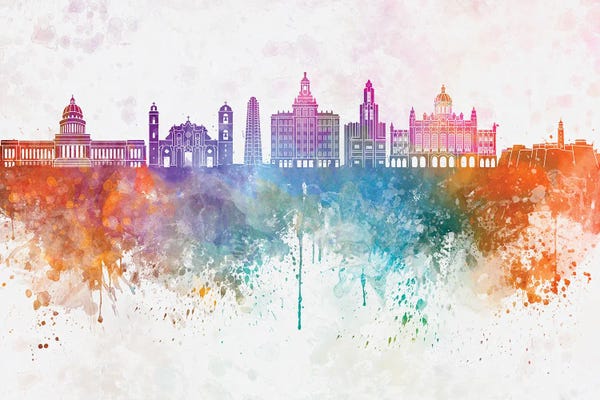 Cuba: Havana II Skyline In Watercolor Background by Paul Rommer