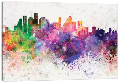 Houston Skyline In Watercolor Background Canvas Art Print - Houston Skylines