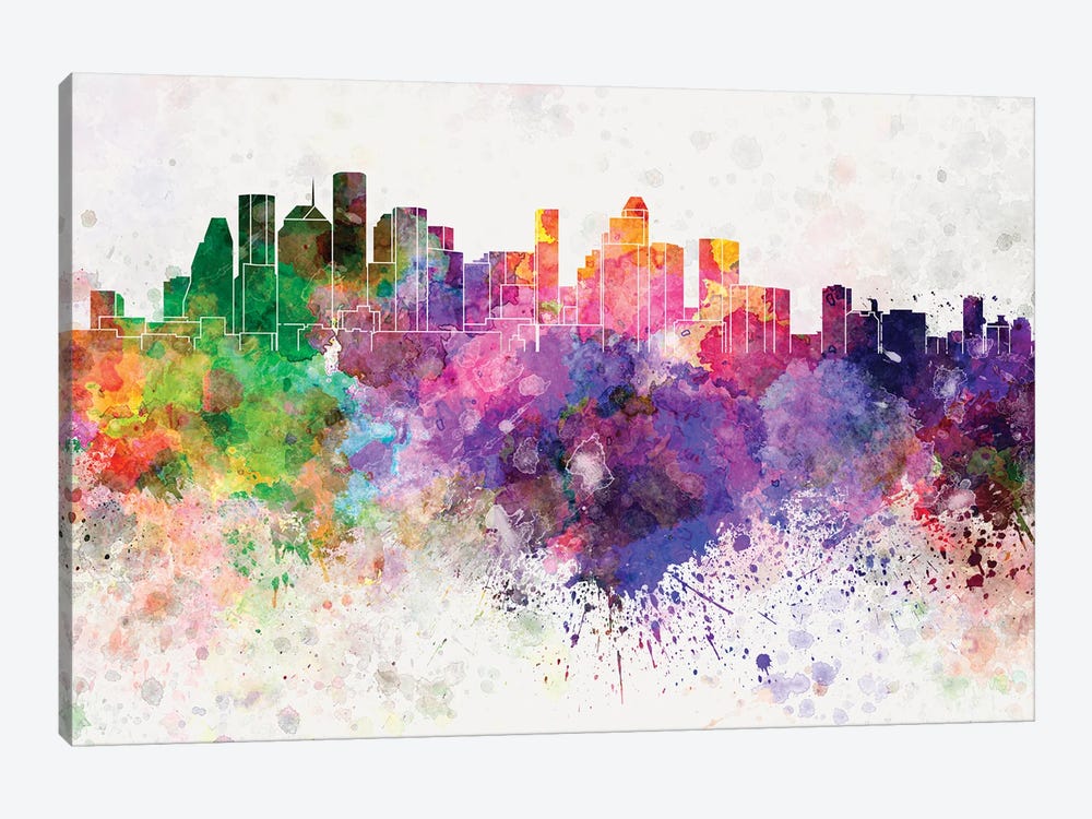 Houston Skyline In Watercolor Background by Paul Rommer 1-piece Canvas Art Print