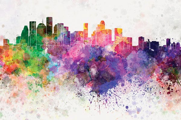 Canvas Print: Houston Skyline In Watercolor Background by Paul Rommer