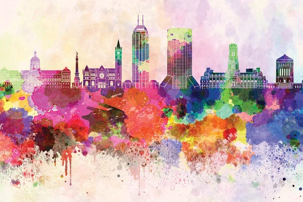 Indianapolis: Indianapolis II Skyline In Watercolor Background by Paul Rommer