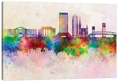 Jacksonville II Skyline In Watercolor Background Canvas Art Print - Jacksonville Art