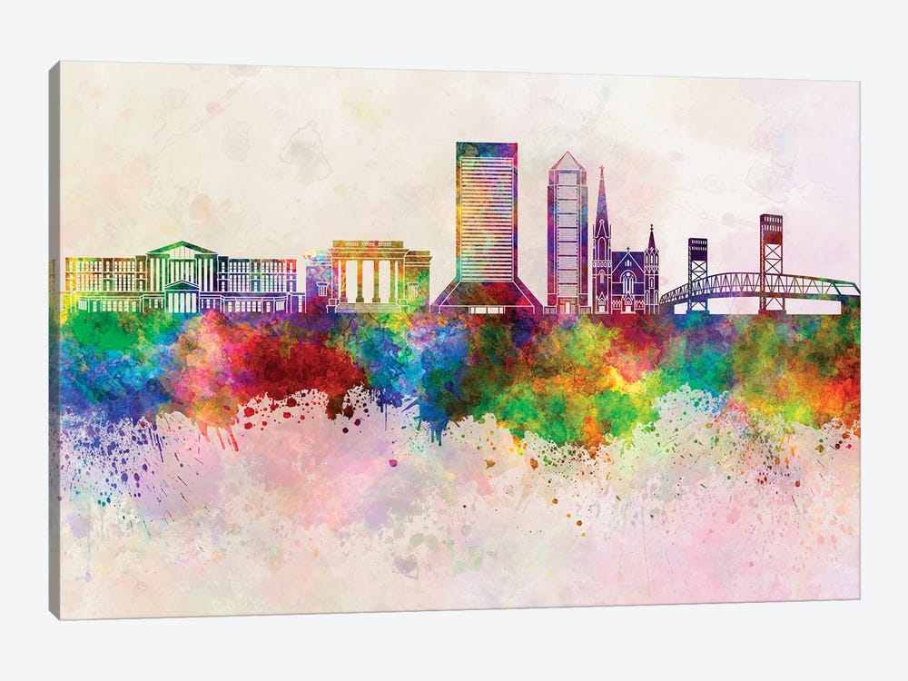 Jacksonville II Skyline In Watercolor Background by Paul Rommer 1-piece Canvas Artwork