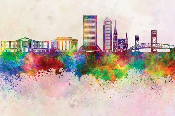 Jacksonville: Jacksonville II Skyline In Watercolor Background by Paul Rommer