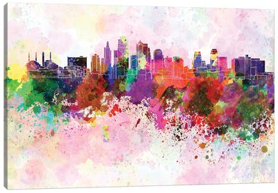 Kansas City Skyline In Watercolor Background Canvas Art Print - Kansas City Art