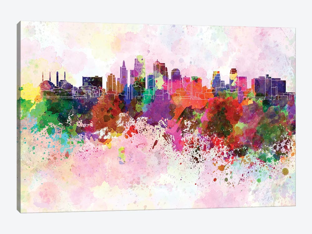 Kansas City Skyline In Watercolor Background by Paul Rommer 1-piece Canvas Print