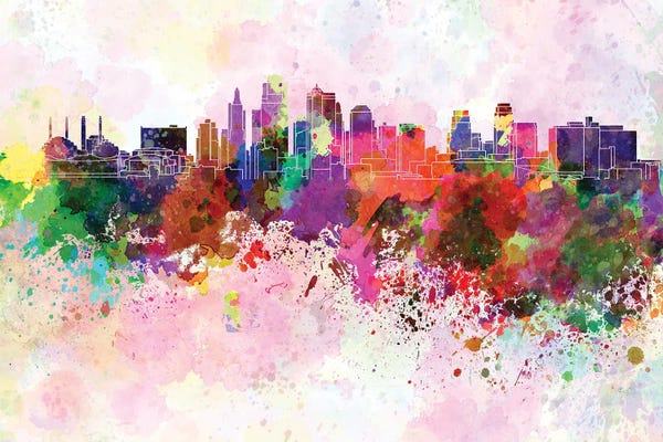Paul Rommer: Kansas City Skyline In Watercolor Background by Paul Rommer