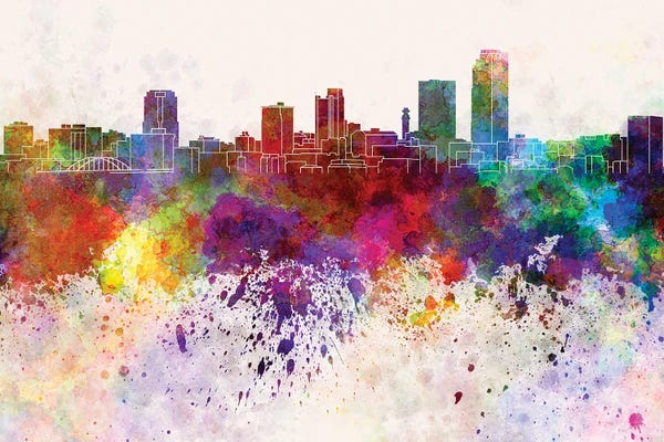 Paul Rommer: Little Rock Skyline In Watercolor Background by Paul Rommer