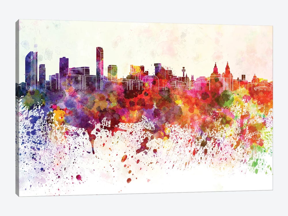 Liverpool Skyline In Watercolor Background by Paul Rommer 1-piece Canvas Artwork