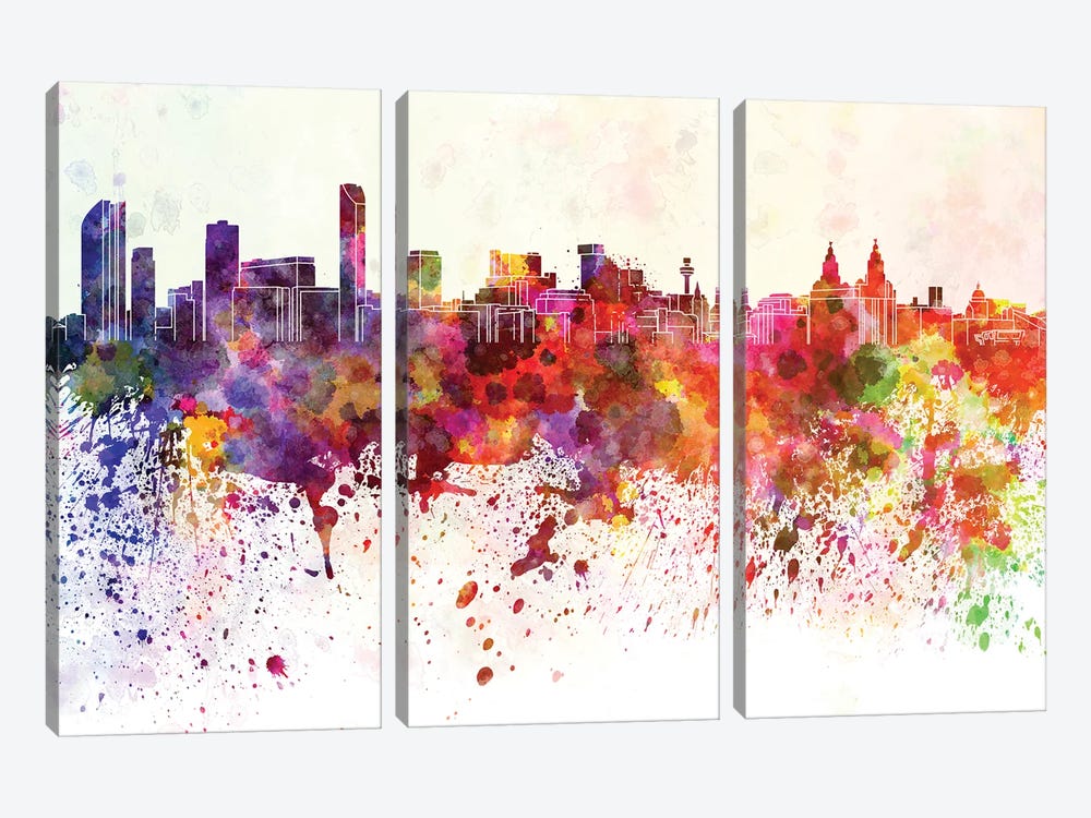 Liverpool Skyline In Watercolor Background by Paul Rommer 3-piece Canvas Wall Art