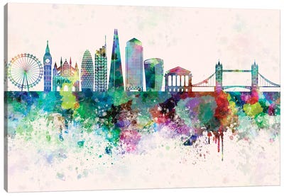 London V2 Skyline In Watercolor Background Canvas Art Print - London Skylines