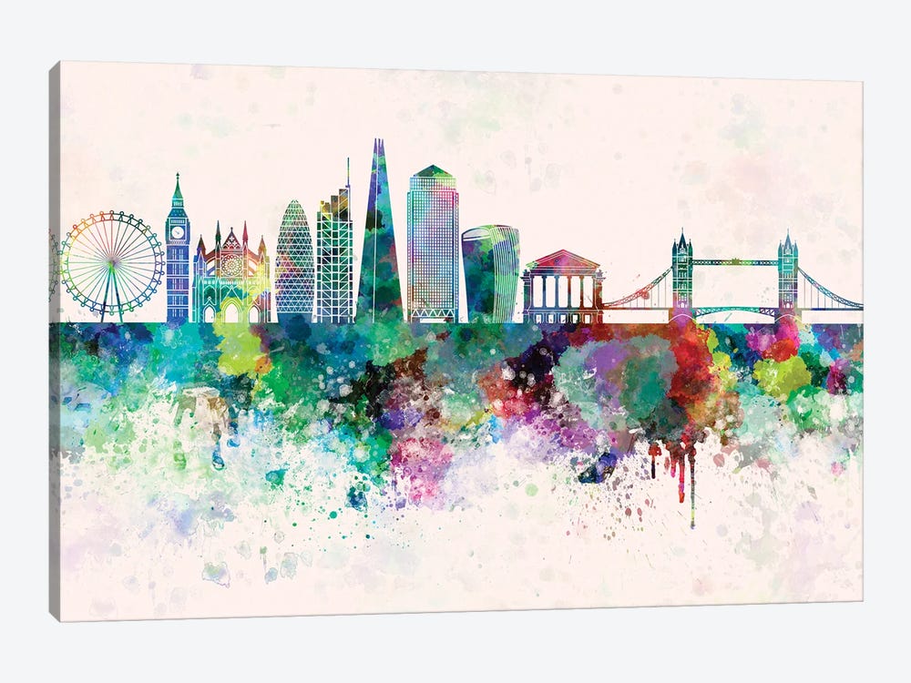 London V2 Skyline In Watercolor Background by Paul Rommer 1-piece Canvas Print