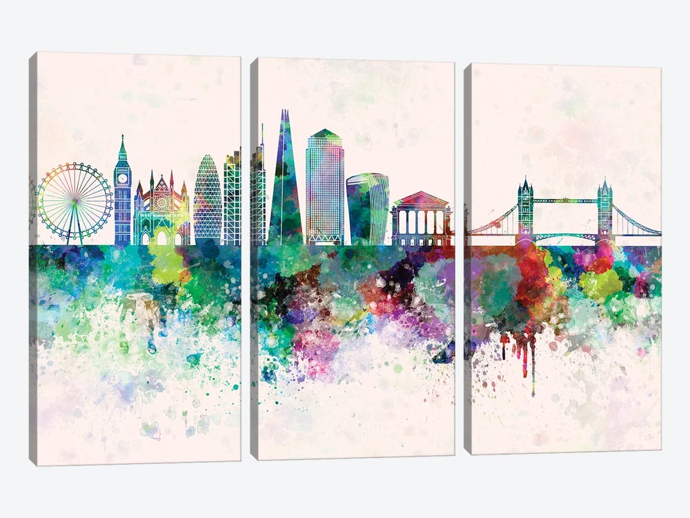 London V2 Skyline In Watercolor Background by Paul Rommer 3-piece Art Print