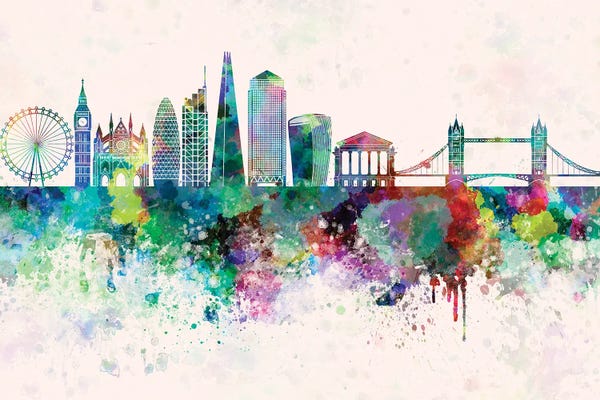 London Skylines: London V2 Skyline In Watercolor Background by Paul Rommer