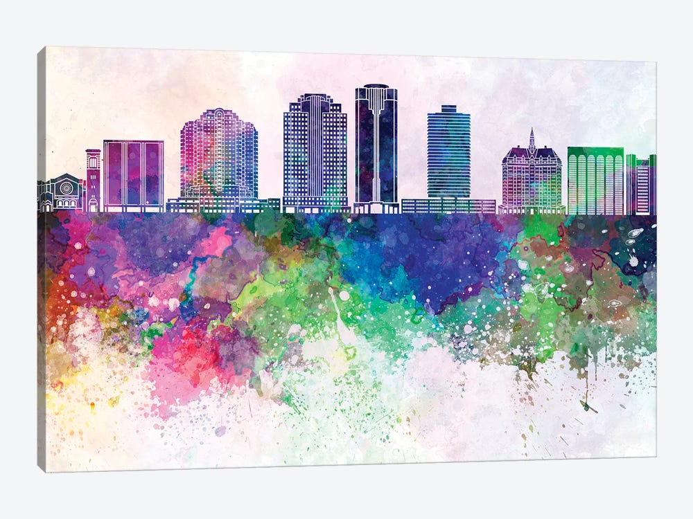 Long Beach V2 Skyline In Watercolor Background by Paul Rommer 1-piece Canvas Wall Art