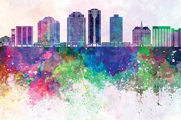Long Beach: Long Beach V2 Skyline In Watercolor Background by Paul Rommer