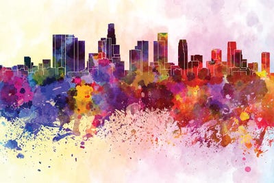 Los Angeles Skyline In Watercolor Background by Paul Rommer framed canvas print
