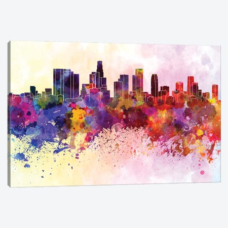 Los Angeles Skyline In Watercolor Background Canvas Print #PUR1521} by Paul Rommer Art Print