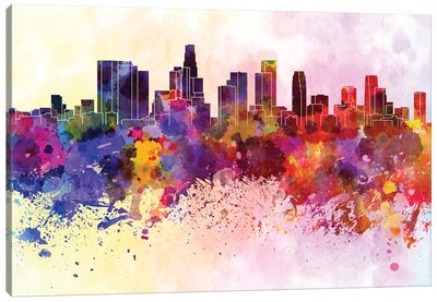 Los Angeles Skyline In Watercolor Background Canvas Art Print - Los Angeles Skylines