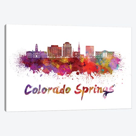 Colorado Springs Skyline In Watercolor II Canvas Print #PUR152} by Paul Rommer Canvas Wall Art