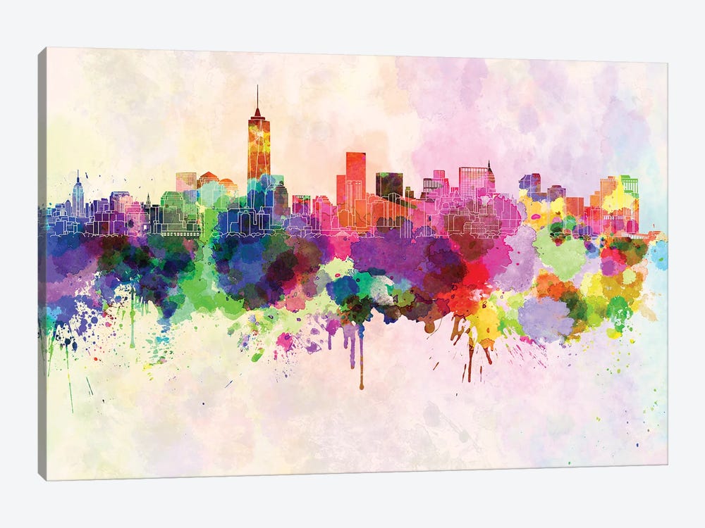 Manhattan Skyline In Watercolor Background by Paul Rommer 1-piece Canvas Artwork